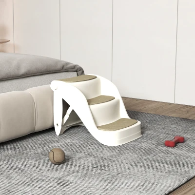 PawHut Escada para Cães de 3 Degraus Dobrável Escada para Animais de Estimação com Tapetes Antiderrapantes 49x38x38cm Creme