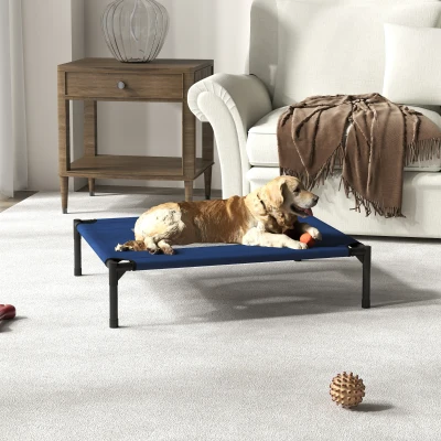 PawHut Cama para Animais de Estimação Cama Elevada para Cães Gatos com Tecido Transpirável para Dormir Exterior Jardim Terraço 76x61x18cm Azul