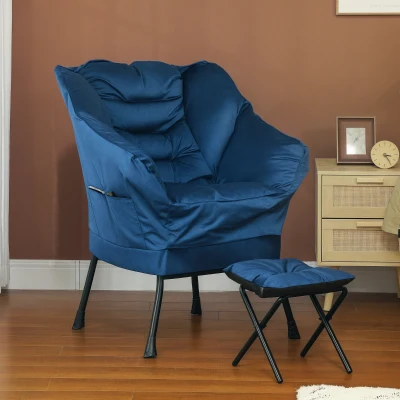 HOMCOM Poltrona Sala de Estar com Apoio para os Pés Poltrona Relax para Leitura com Bolsos Laterais 80x78x100 cm Azul Escuro