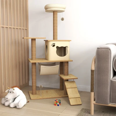 PawHut Árvore Arranhadora para Gatos Torre de Escalada com Plataformas Rede Escada Caverna Postes para Arranhar de Juta Bola Supensa e Descanso 60x40x130cm Bege