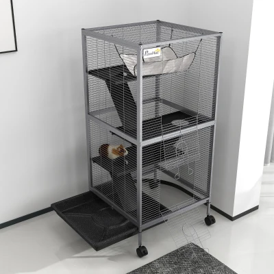PawHut Gaiola para Roedores 52x52x113,5cm Gaiola para Furões com Rodas 2 Portas 3 Rampas Rede Suspensa e Bandeja Removível para Cobias Hamsters Cinza Prata