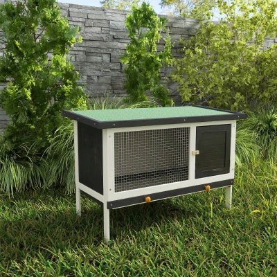 PawHut Coelheira de Madeira Gaiola Elevada para Coelhos Cobaias e Animais Pequenos com Teto Asfáltico Bandeja Removível e Porta com Trava 91x46x71cm Preto