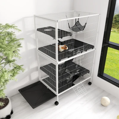 PawHut Gaiola para Roedores 80x52x128 cm Casa de 4 Alturas com Rampas Suspensa Rede Bandeja Removível Rodas Cinza Prateado