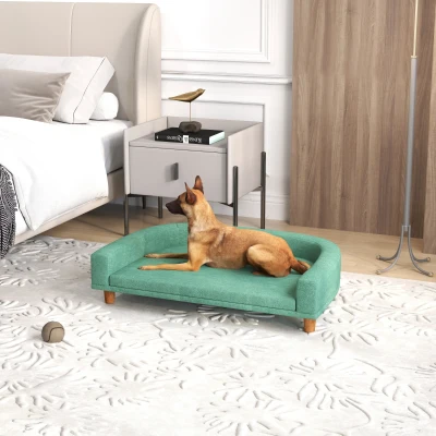 PawHut Sofá para Cães Cama Elevada para Cães Estofada com Almofada Lavável e Pés de Madeira de Pinho 98x67x25 cm Verde