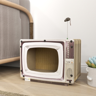 PawHut Arranhador de Cartão para Gatos Casa para Gatos em Forma de Televisor com Rato de Brinquedo 43x23x32,5 cm Areia