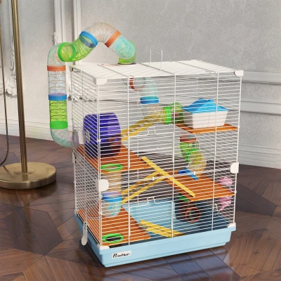 PawHut Gaiola para Hamster com 5 Plantas Escada Alimentador Bebedor Roda e Túnel 46x30x58cm Verde e Branco