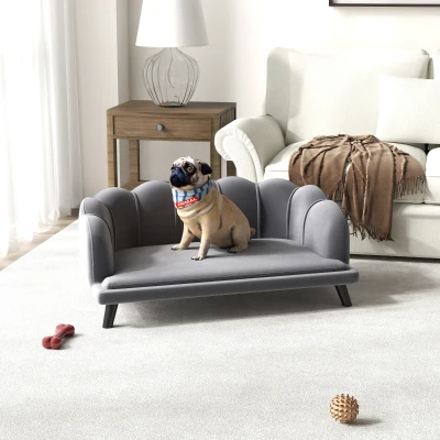 PawHut Sofá para Cães Médios Sofá Cama para Animais de Estimação em Veludo com Pés de Madeira 98,5x60,5x35,5 cm Cinza Escuro