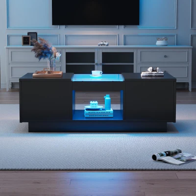 Modern 2-Tier Design LED Coffee Table with Storage, Black
