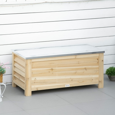 Outsunny Baú de Jardim Carga 155L Baú de Armazenamento Exterior de Madeira com Tampa de Metal Galvanizado110x50x50 cm Madeira