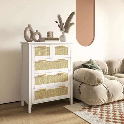 HOMCOM 5-Drawer Dresser Solid Wood Handles Metal Slides for Office Living Room Bedroom 77 x 37 x 104 cm White