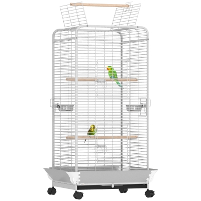 PawHut Jaula para Loros con Ruedas Perchas Comederos y Bandeja Extraíble Pajarera para Cacatúas Cotorras 79x73x146cm Gris Claro