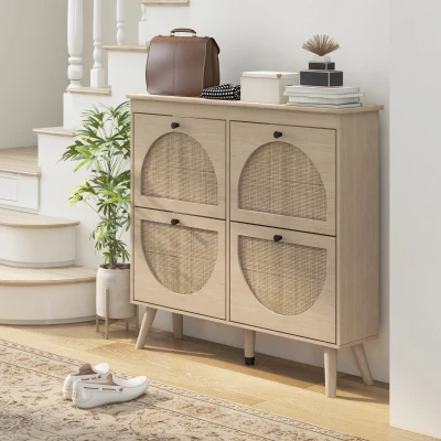 HOMCOM Shoe Cabinet 4 Folding Doors 20 Pairs Adjustable Shelf Bohemian Style Solid Wood Legs 105 x 24 x 97.5 cm Natural