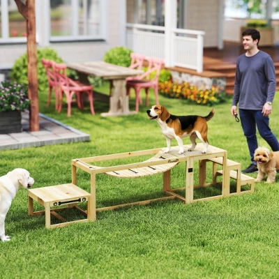 PawHut Agility-Set für Hunde, Hundetrainings-Konstruktion mit Brücke, Treppe, Plattform, Tannenholz, für große Hunde bis 40 kg