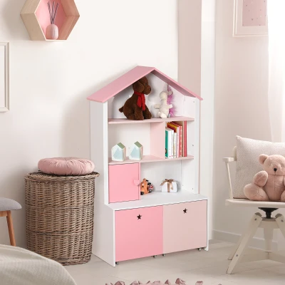 HOMCOM Bibliothèque étagère Design Maison 4 niches Placard Grand tiroir Double Compartiment MDF Blanc Rose