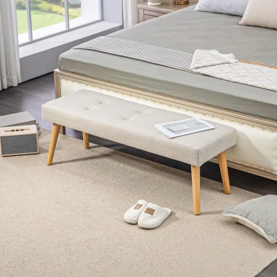 HOMCOM Bettbank, Sitzbank, weicher Bezug, Leinenoptik, bis 120 kg, Naturholzbeine, 120x41x43cm, Creme