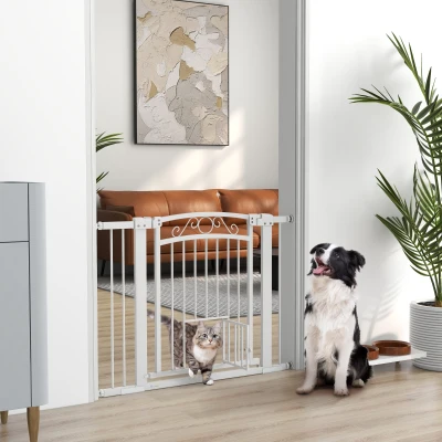 PawHut Barrera de Seguridad para Perros con Ancho Ajustable 76-104 cm con 2 Extensiones para Escalera Puerta Blanco