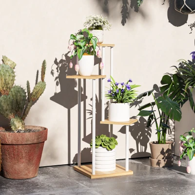Outsunny Soporte para Plantas de Madera y Acero de 4 Niveles con 4 Estantes Cuadrados 53x42x85 cm Natural y Blanco