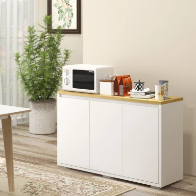 HOMCOM Aparador de Salón Mueble Auxiliar de Cocina con 3 Puertas y Estantes Ajustables para Comedor Entrada 120x37x75 cm Blanco(m-2)