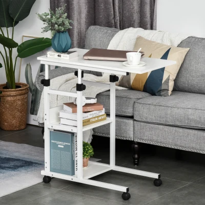 HOMCOM Table d'Appoint Roulante Métal Blanc Réglable