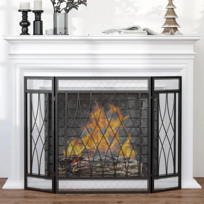 HOMCOM Pantalla Protectora de Chimenea Plegable de 3 Paneles con Bisagras y Estructura de Metal Decorativa 126x3x80 cm Negro