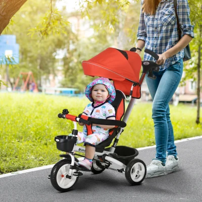 HOMCOM Triciclo para Bebés Plegable Triciclo Evolutivo 2 en 1 para Niños con Toldo Plegable Cestas y Cinturón de Seguridad Rojo