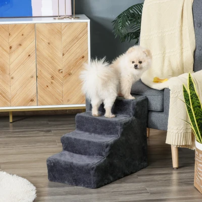 PawHut Escalera para Mascotas de 4 Peldaños con Funda Extraíble y Lavable para Cama Sofá 60x35x44 cm Gris Oscuro