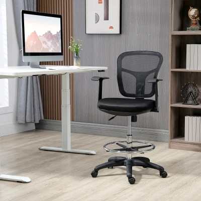 Vinsetto Silla de Dibujo Ergonómica de Malla Giratoria con Reposabrazos  y Reposapiés Ajustable 59x59x95-115 cm Negro