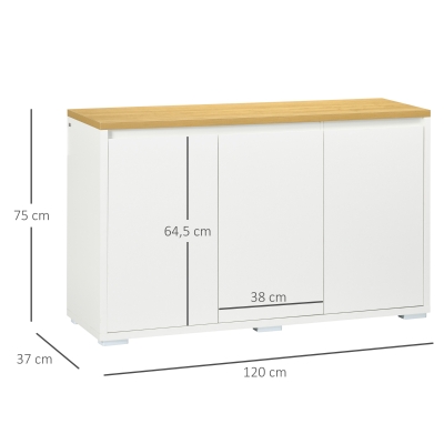 HOMCOM Aparador de Salón Mueble Auxiliar de Cocina con 3 Puertas y Estantes Ajustables para Comedor Entrada 120x37x75 cm Blanco(m-3)