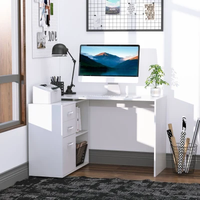 HOMCOM Bureau d'Angle Modulable Blanc avec Tiroirs