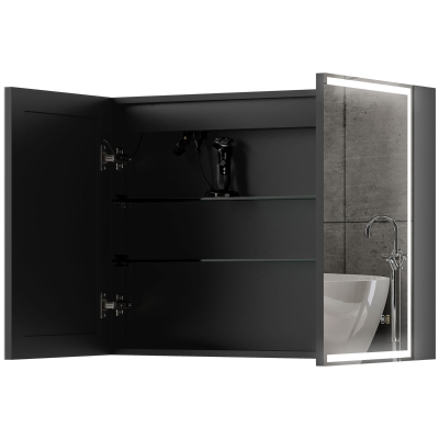 HOMCOM Badkamerspiegel met Kast en LED-Verlichting, 600x800 mm, Zwart, Anti-Condens Pad, Drie Kleurtemperaturen