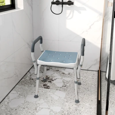 HOMCOM Taburete de ducha con Altura Ajustable para Personas Mayores o con Movilidad Reducida 52x45x69 cm Asiento Blanco y Azul