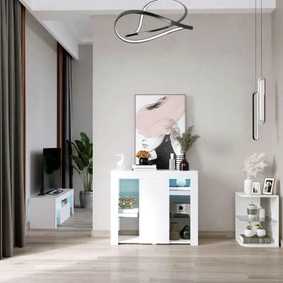 HOMCOM Aparador Moderno con Luces LED Mueble Buffet con 1 Puerta de Alto Brillo Cierre a Presión Estantes Ajustables y Control Remoto 97x35x83 cm Blanco