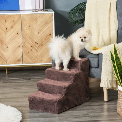 PawHut Escalera para Mascotas de 4 Peldaños con Funda Extraíble y Lavable para Cama Sofá 60x35x44 cm Marrón