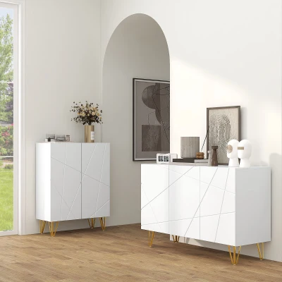 HOMCOM Aparador de Entrada con 3 Puertas y Estantes Ajustables para Cocina Sala 120x40x75 cm Blanco Brillante(m-2)