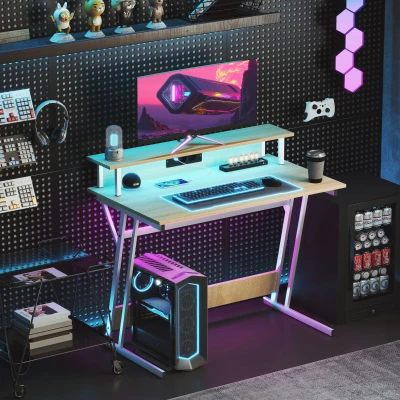 HOMCOM Escritorio Gaming con Luces LED 100x60 cm omas de Corriente Soporte para Monitor Estantes y Control Remoto Natural