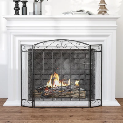 HOMCOM Salvachispas para Chimenea 105x80,5 cm Pantalla para Chimenea Plegable de 3 Paneles Protector de Chimenea con Bisagras Estructura de Metal y Alambre Decorativo Negro