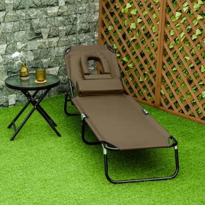 Outsunny Sonnenliege klappbar Gartenliege mit Kopfkissen Liegestuhl mit 4-Fach verstellbare Rückenlehne Campingliege Gesichtsöffnung bis 120kg belastbar für Garten, Balkon und Pool Braun
