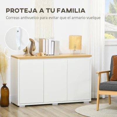HOMCOM Aparador de Salón Mueble Auxiliar de Cocina con 3 Puertas y Estantes Ajustables para Comedor Entrada 120x37x75 cm Blanco(m-7)