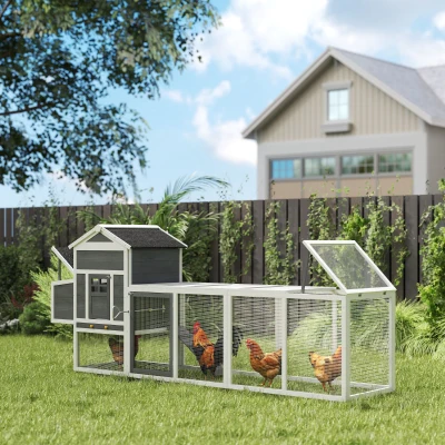 PawHut Gallinero de Madera Grande para 3-6 Gallinas con Techo Asfáltico Nido y Bandeja Extraíble 297,5x68x118 cm Blanco y Gris