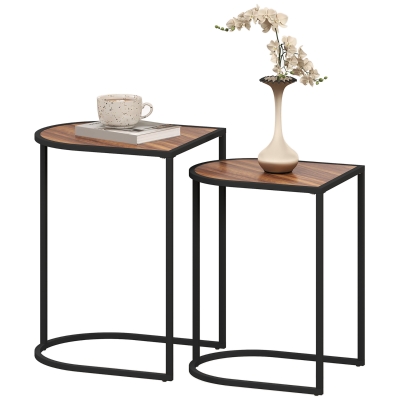 HOMCOM Set Bijzettafels, Metalen Frame, Tafelblad in Houtlook, Bruin