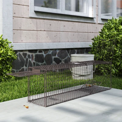 Outsunny Armadilha Animais Vivos 100x24x30 cm Armadilha para Animais Pequenos com 2 Portas e Estrutura de Aço para Interior e Exterior Marrom
