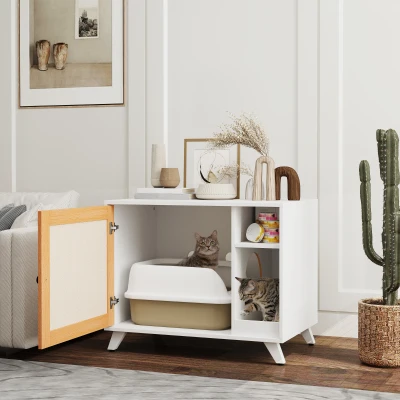 PawHut Mueble Arenero para Gatos con Puerta de Sisal Mesa Auxiliar Estante y Alfombrilla Antiarena 77x50x63 cm Blanco