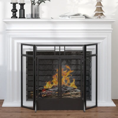 HOMCOM Salvachispas Plegable Pantalla Protectora de Chimenea de 3 Paneles con Doble Puerta y Pies Adicionales 120x11,5x79 cm Estructura de Metal Negro