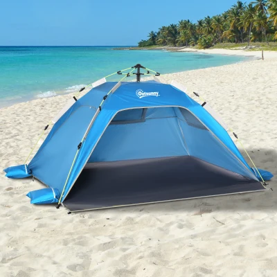 Outsunny Pop-up-Strandzelt, Fiberglasrahmen, 4 Taschen, Netzfenster, flexibel, Blau