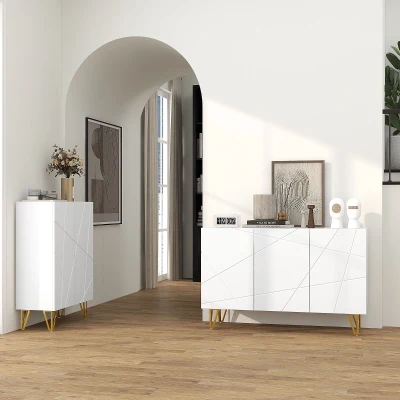 HOMCOM Aparador de Entrada con 3 Puertas y Estantes Ajustables para Cocina Sala 120x40x75 cm Blanco Brillante(m-9)