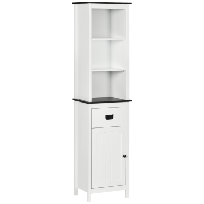 kleankin Columna de Baño con 3 Estantes de Almacenaje Puerta y Cajón para Ducha Aseo Dormitorio 40x30x160 cm Blanco