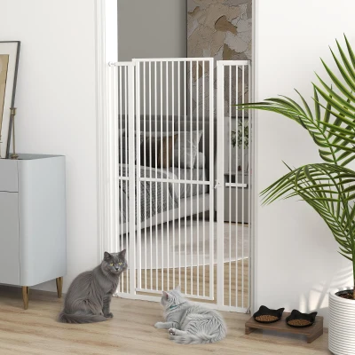 PawHut Barrera para Perros Extra Alta con Ancho Ajustable 77-104 cm Puerta para Perros con Extensiones y Puerta de Paso Blanco