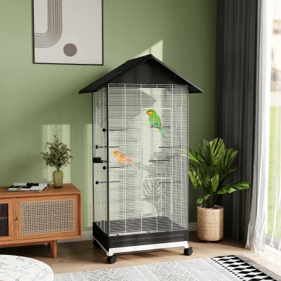 PawHut Jaula para Pájaros con Ruedas Pajarera Metálica con Bandeja Extraíble Puertas 79x65x155 cm Negro