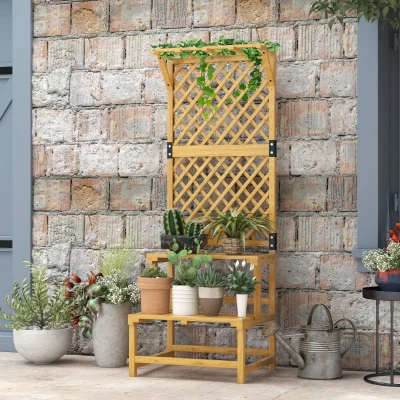 Outsunny Soporte para Plantas de Madera Estantería para Plantas de 2 Niveles con Enrejado para Jardín Patio Terraza Natural