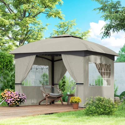 Outsunny 3,4 x 3,4 m Gartenpavillon, Bierzelt mit Lüftungsdach, Bogenfenstern, Stahlgestell, Hellgrau